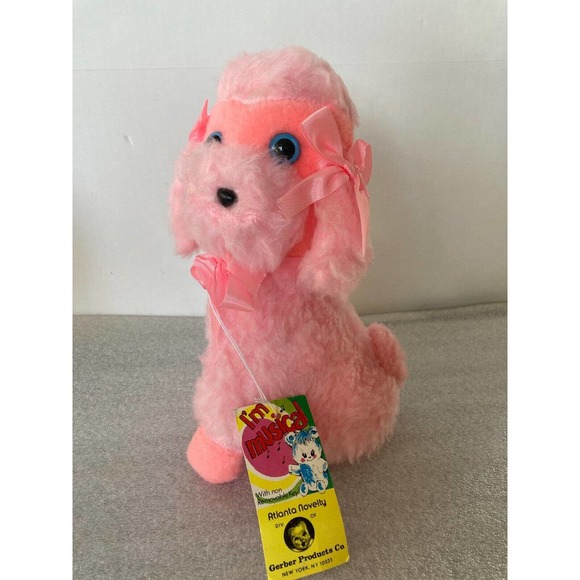 Vintage Gerber Atlanta Stuffed Animal Plush Wind up Musical Pink Dog Works w Tag - Picture 1 of 7